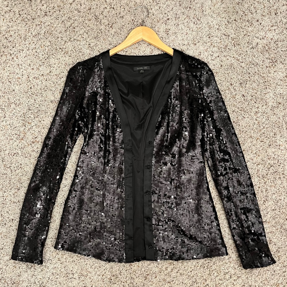 Rachel Zoe Black Sequin Button Cardigan Evening Jacket Blazer Size M